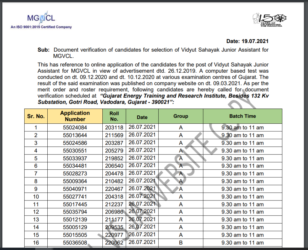 mgvcl vidhyut sahayak junior Assistant document verification list 2021.png